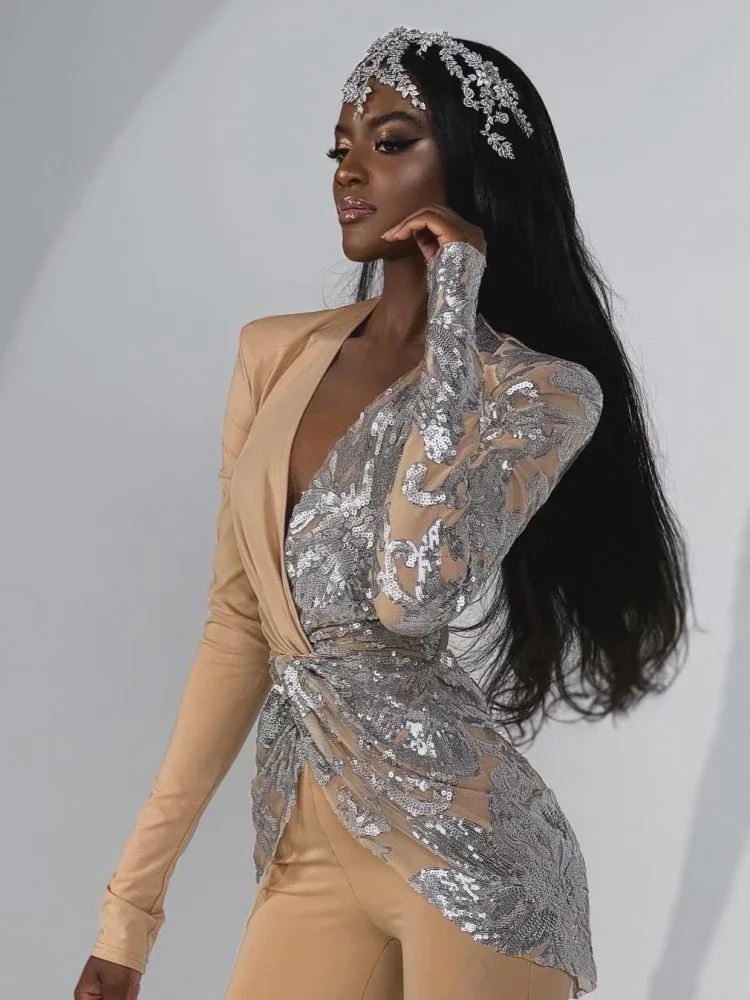 Sexy Women khaki Long Sleeve Deep V Neck Sparkly Sequins Patchwork Jumpsuit  Draped Wide Leg Jumpsuit Party Evening Club Runway