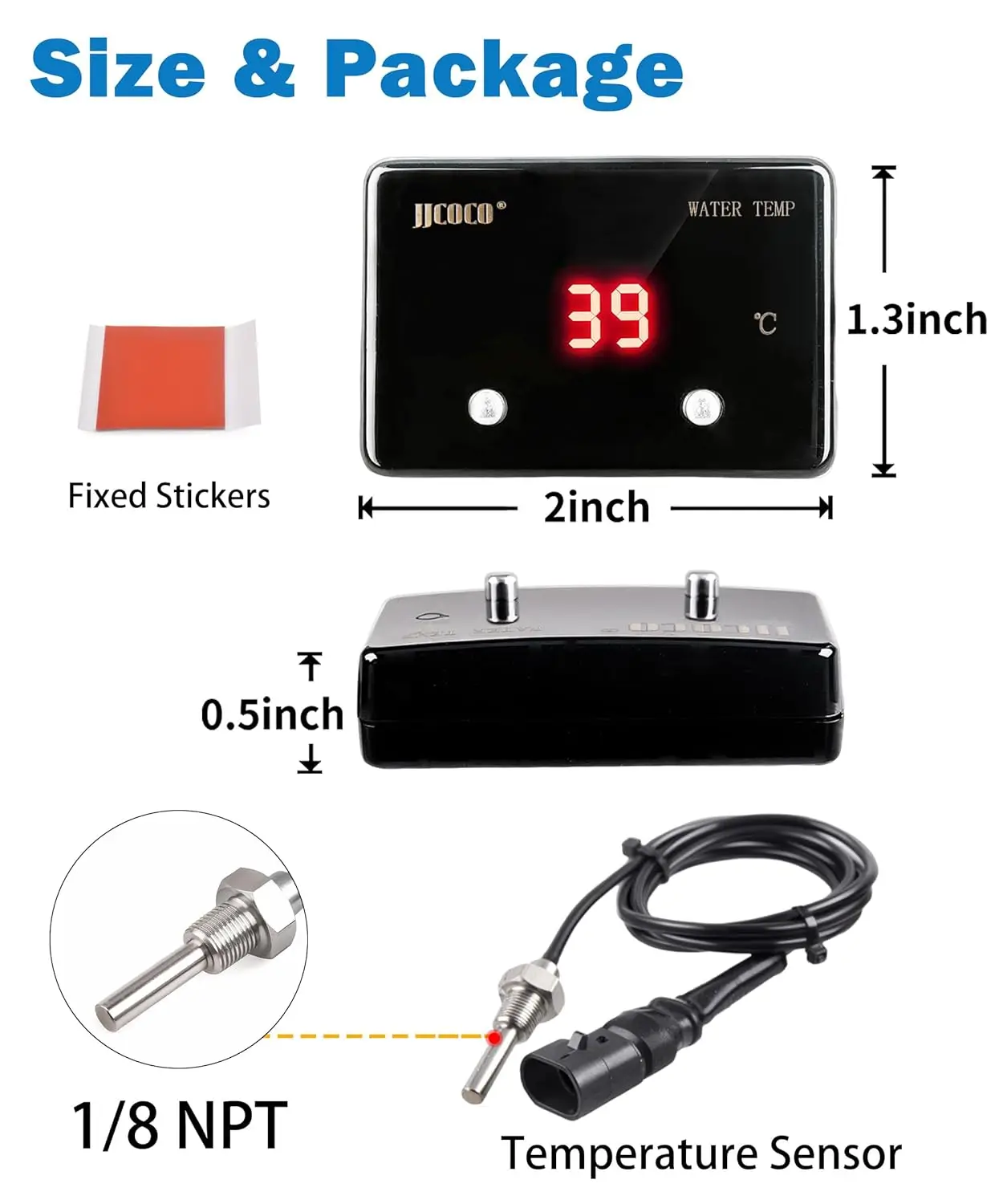 JJCOCO 12V Mini Square Water Temperature Gauge With 1/8 Npt Sensor Car Digital Meter Red/Blue Display Temp Alarm Can Be Set