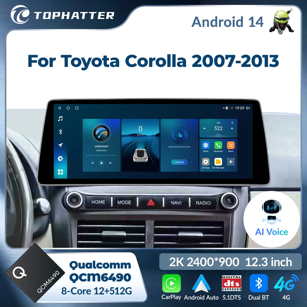 

Tophatter Android Car Qualcomm Radio For Toyota Corolla 2008-2013 Multimedia Player Stereo 12.3 2K Screen 2400*900 Head Unit
