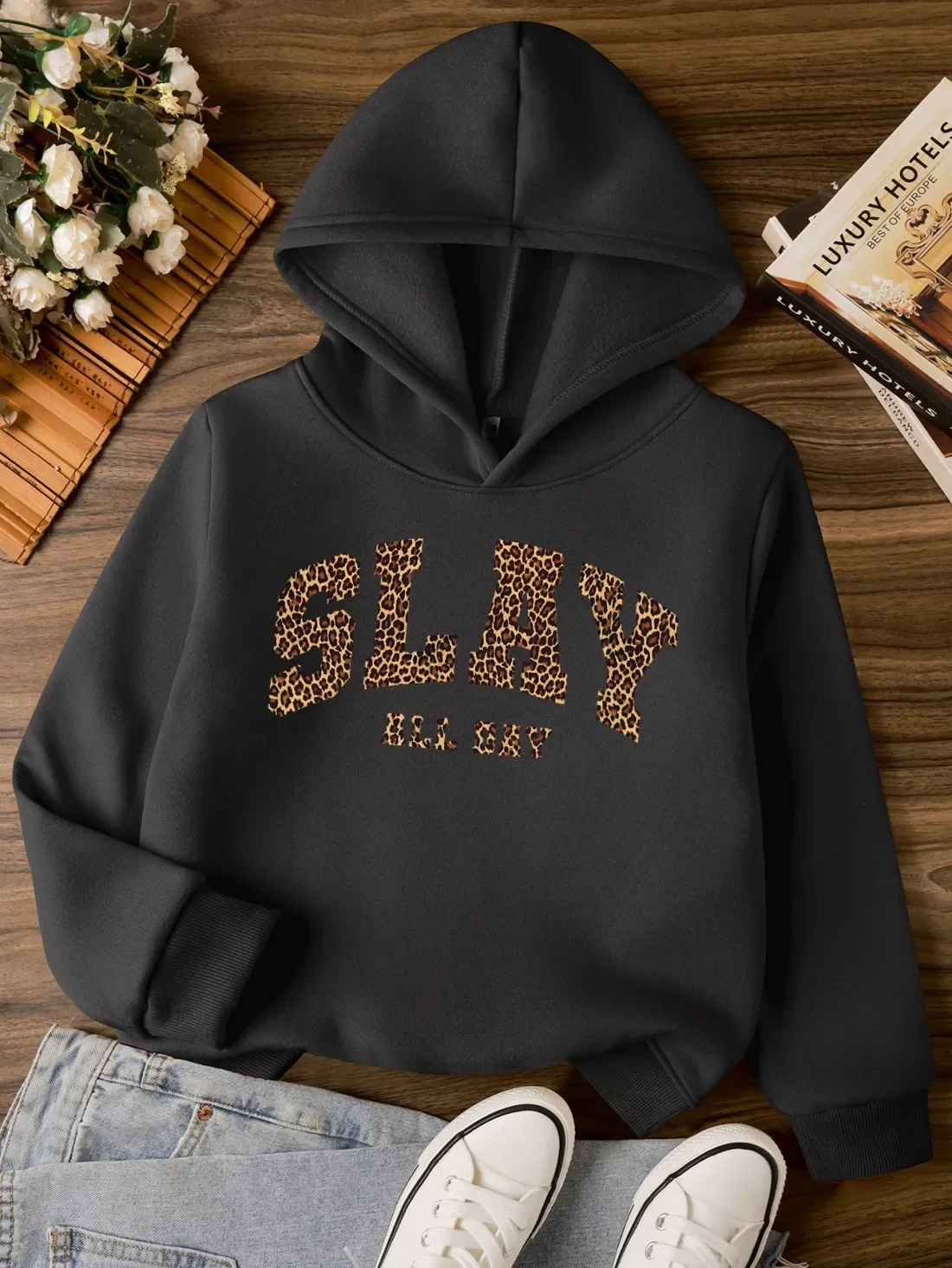 Trendy Slay All Day Kids Hoodie Leopard Pattern Typography Art Print Autumn Winter Fleece Warm Children Trendy Sweatshirt