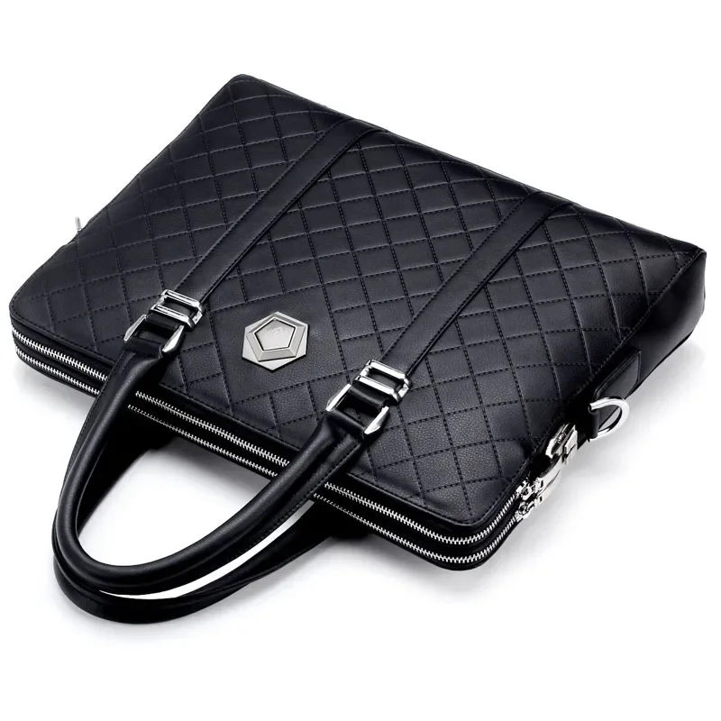 Business embossed men's handbag crossbody bag, wear-resistant cowhide diamond grid zipper, horizontal square computer bag