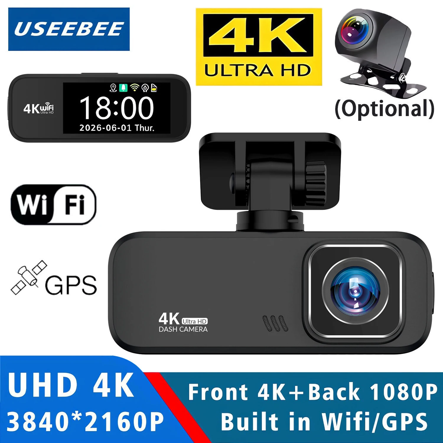 4K Dashcam Auto Mini Car Dvr Video Recorder with GPS WIFI Support Dual Lens 1080P Rearview Camera Night Vision Black Box
