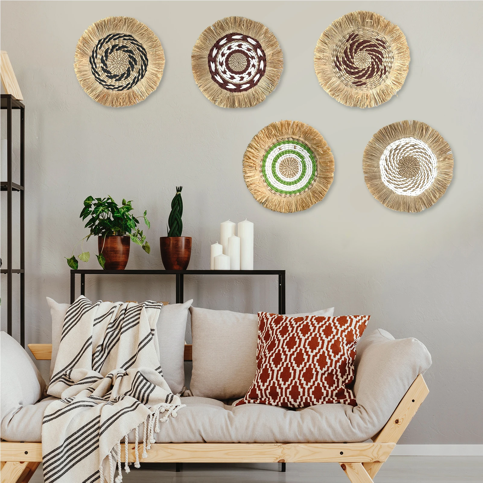 3Pcs Boho Woven Wall Baskets with Fringe 20cm Handmade Seagrass Wall Decor Bohemian Round Wicker Wall Art for Living Room