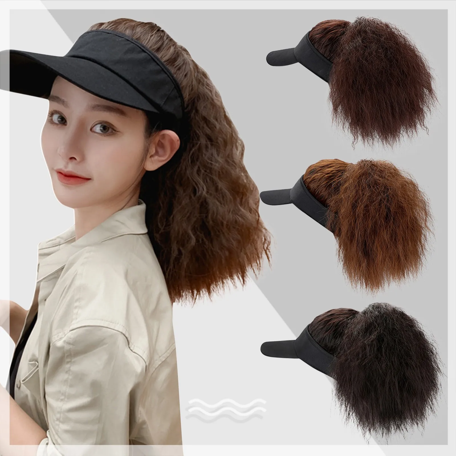 Baseball Cap With Hair Extensions Wig Women Summer Baseball Hat With Hair Attached Kinky Curly Adjustable Wave Hairpiece