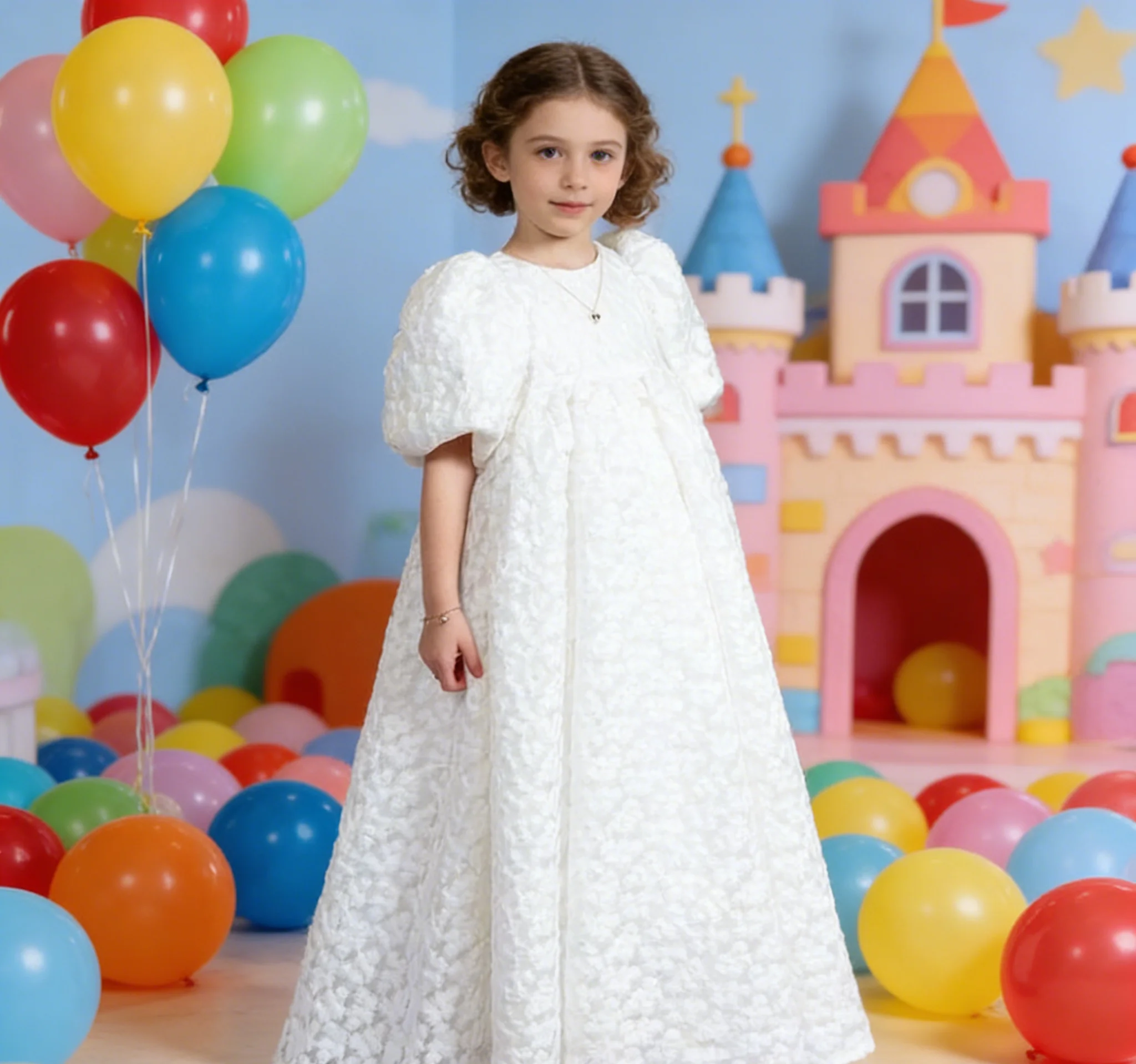 White Balloon Sleeve Flower Girl Dress Wedding Hollow Out Lace Long Princess Ball Gown Kids First Communion Pageant Party Dress