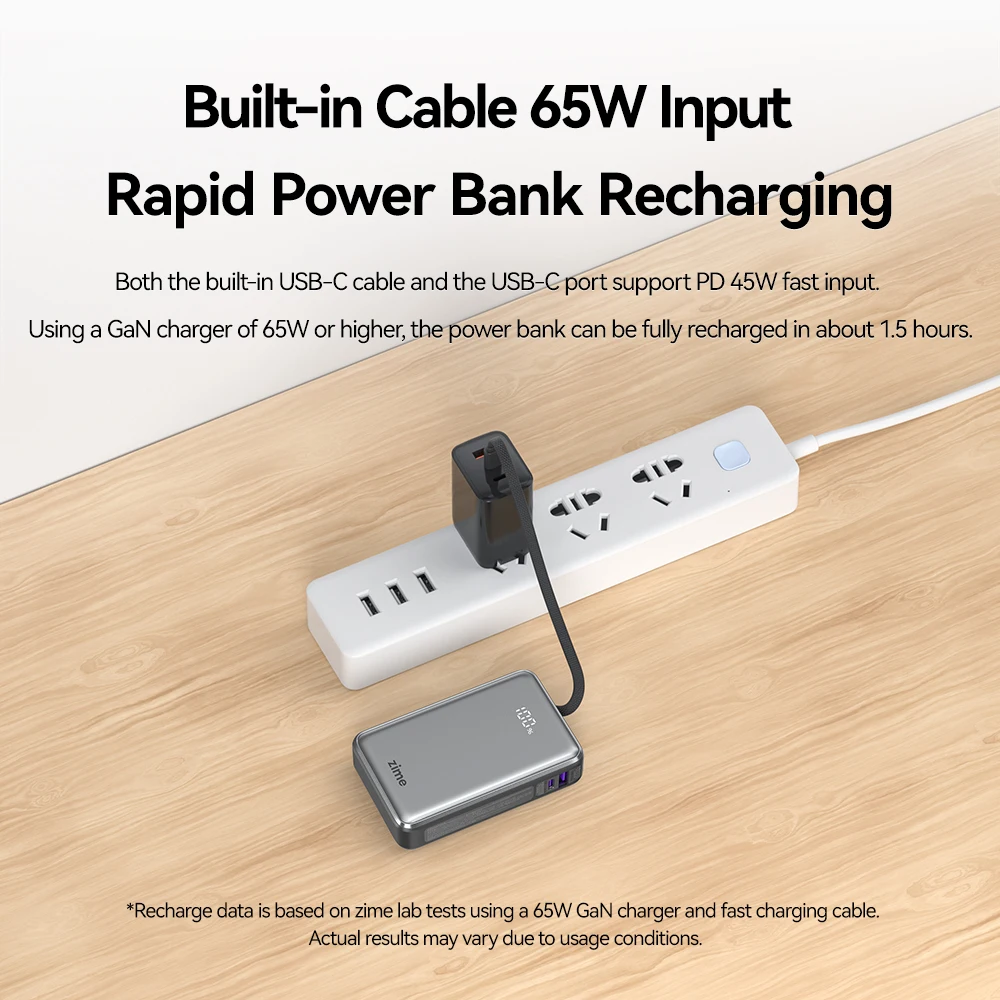 zime Z3 20000mAh 65W PD 3.0 Power Bank WIth Retractable Type-C Cable Dual Port Fast Charger For Macbook iPhone 16Pro Max Laptops