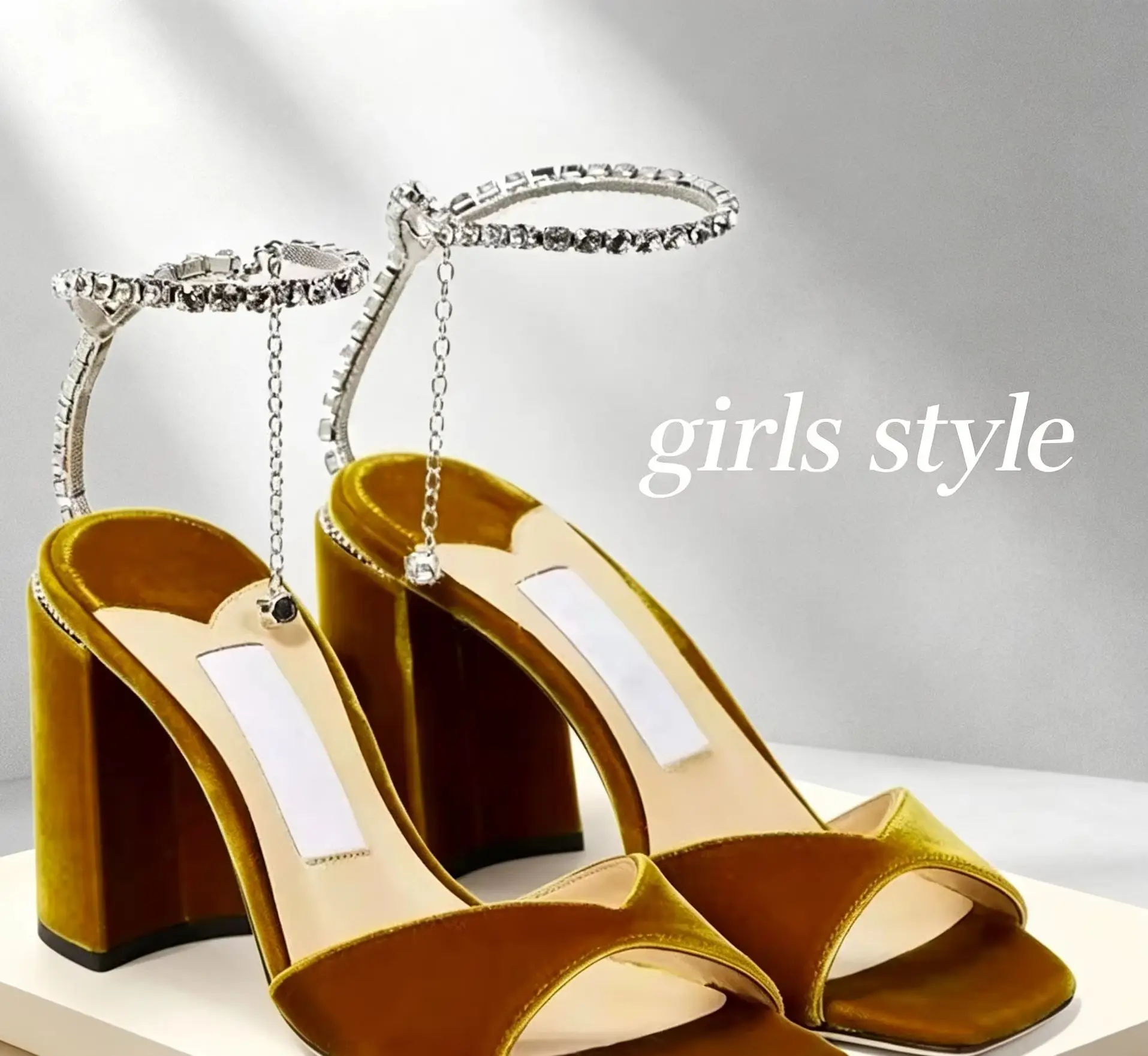 Velvet Rhinestone Ankle Chain Women Block High Thin Heels Pumps Sandals Square Elegant Summer Party Wedding Sexy Fashion Shoes