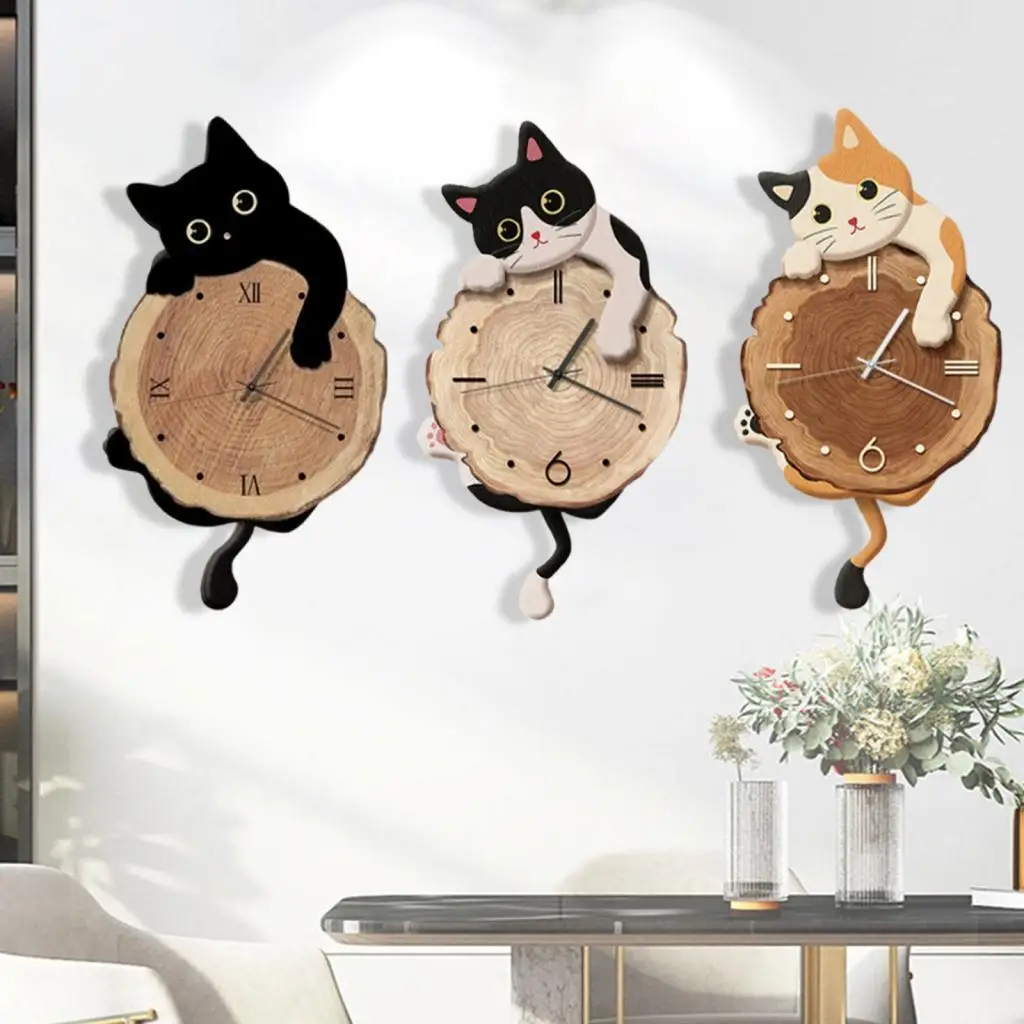 Cat Wall Clock Wall Ornament with Swinging Tail Pendulum Decorative Clock for Indoor Kitchen Office Home Decor