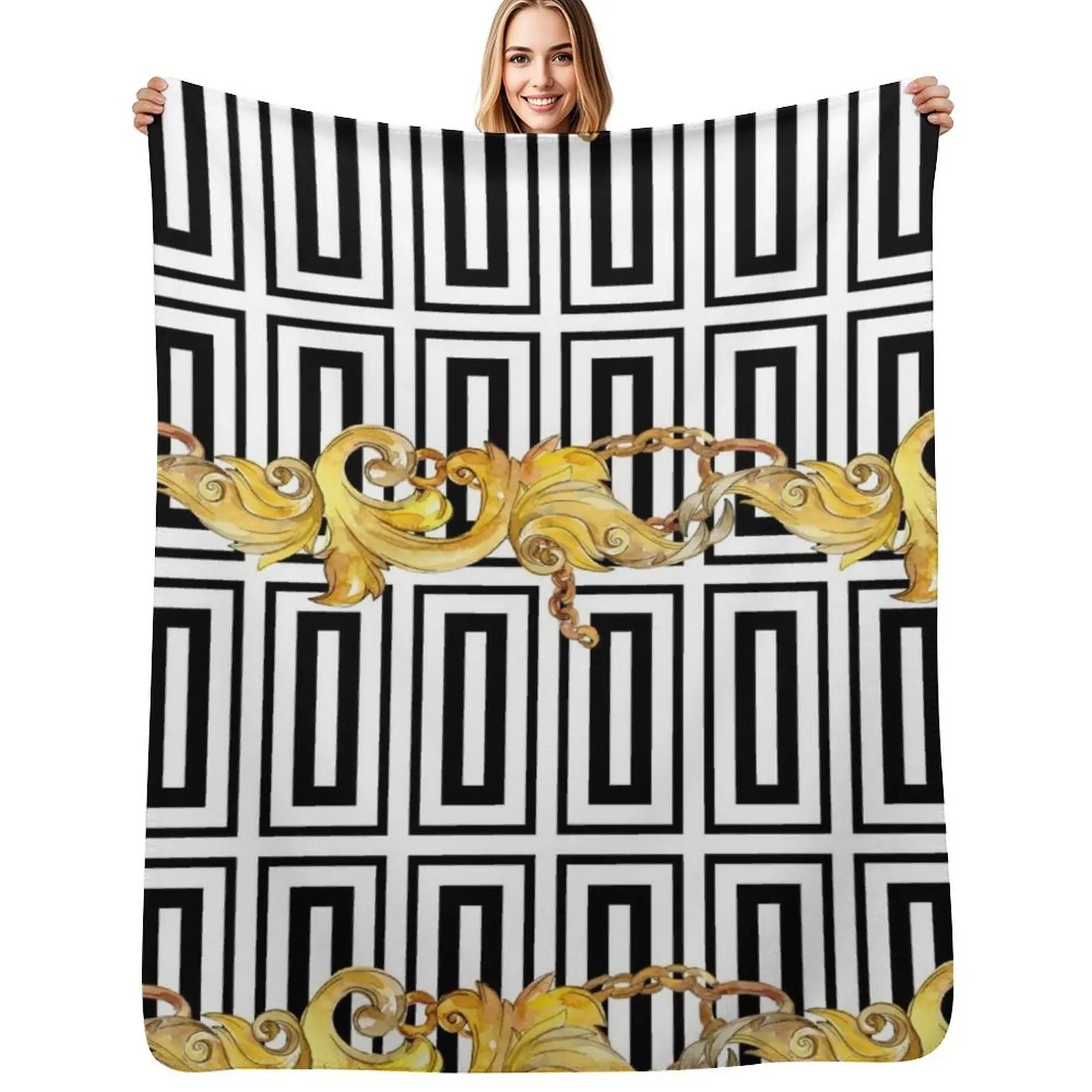 Watercolor golden luxurious chains ornamental design Throw Blanket Beach Weighted Cute Plaid Soft Beds Furry Blankets