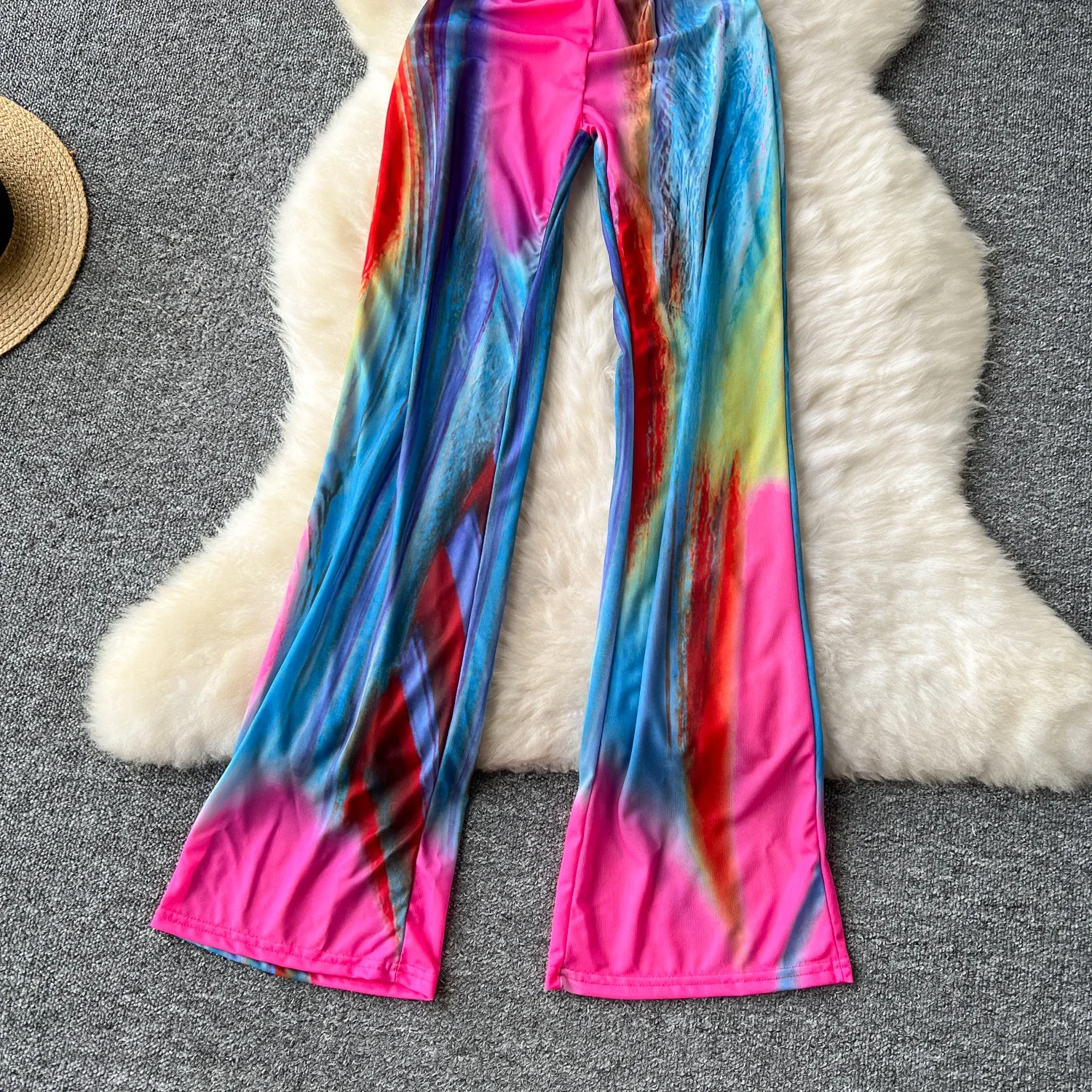 Chic Vintage slip  cut out Top Jumpsuit tie dye print Beach Elegant High Waist Casual Wide Leg Pants Summer Women Playsuit