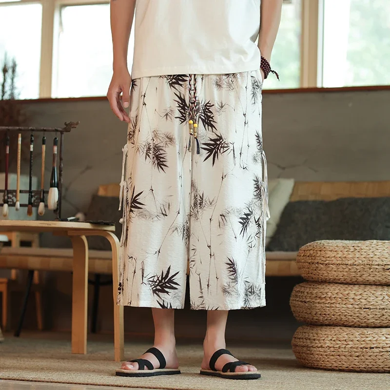 2024 Chinese Style Bamboo Leaf Patterned Men Casual Pants Fashion Trend High Street Wide Leg Pants Hombre Loose Oversized Pants