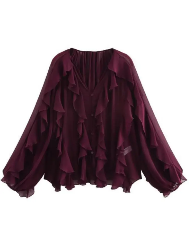 Senhora do escritório vintage com decote em v translúcido em camadas babados blusas 2025 verão chique feminino elegante solto manga longa camisas em camadas