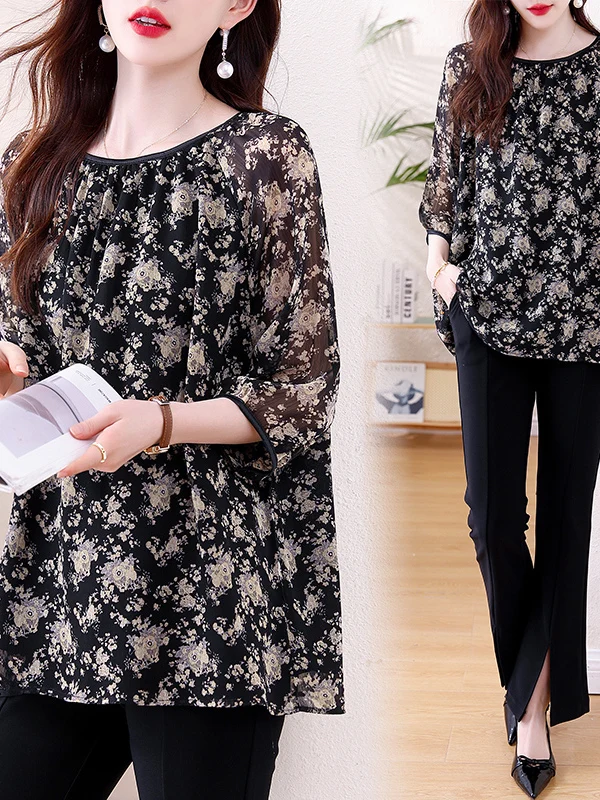 เสื้อยืดชีฟองพิมพ์ลายสำหรับผู้หญิง รุ่นใหม่สำหรับฤดูร้อน เนื้อผ้าเบาสบาย ระบายอากาศได้ดี ทรงหลวม ไซส์ใหญ่พิเศษ ใช้เป็นเสื้อคลุมได้