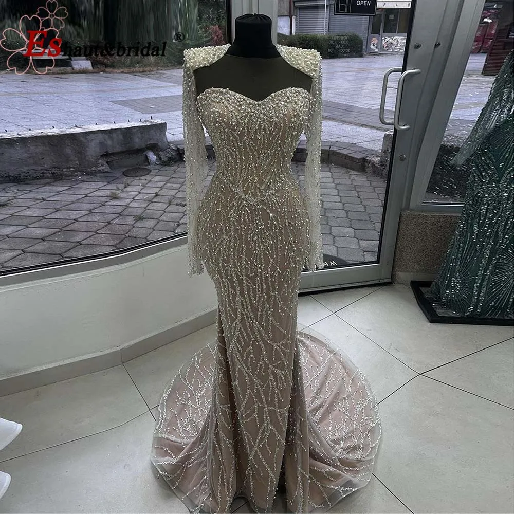 Luxury Muslim Mermaid Evening Dress for Women 2024 Elegant Arabic Pearls Long Sleeves Formal Prom Wedding Party Gowns Customized