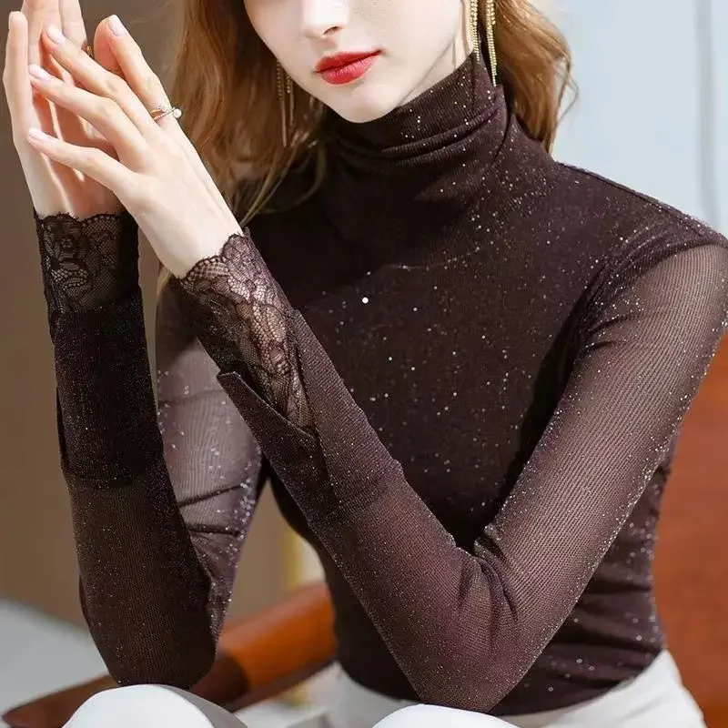 Slim Glitter Long Sleeve T Shirt for Women Turtleneck Rhinestone Sequin Tops Woman Emo Tee Korean Reviews Many Clothes Clearance