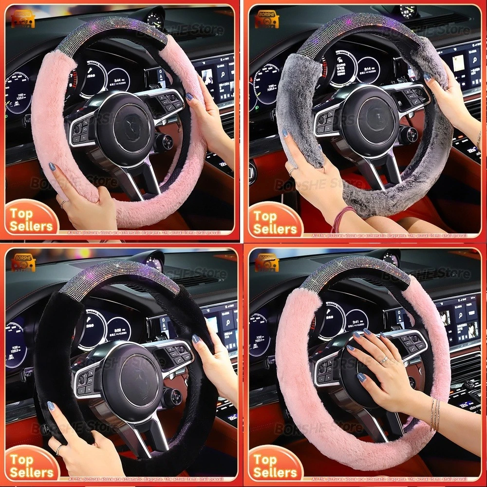 

2026 Faux Diamond Rhinestone Steering Wheel Cover with Plush Winter Warm Protection Suitable for Most Car Models Soft