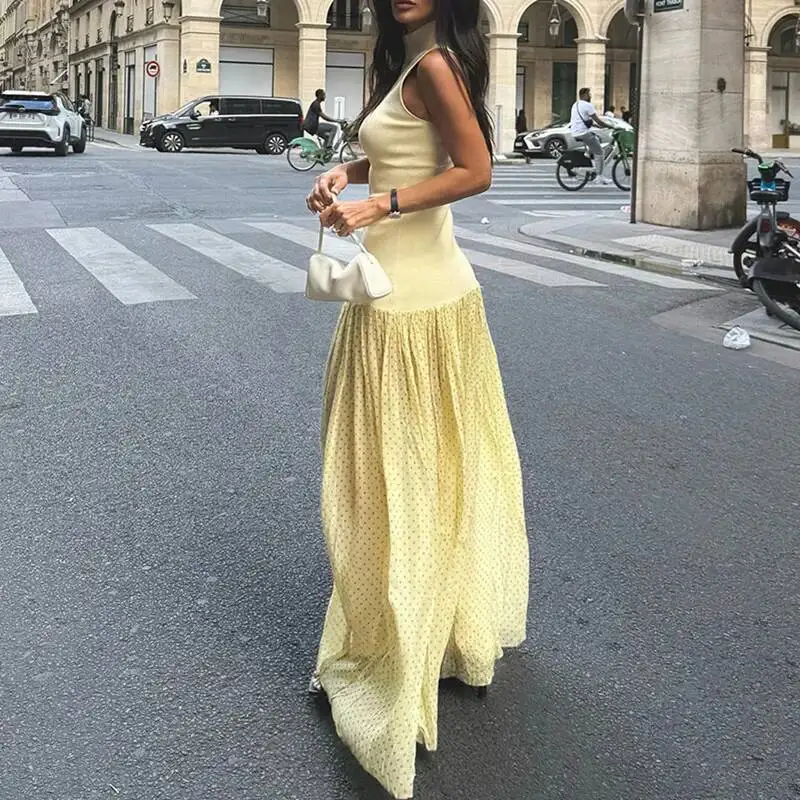 Frühling Casual Rollkragen Patchwork Mesh Frauen Sexy Polka Dot Print Lose Lange Sommer Ärmellose Tank Maxi Kleid