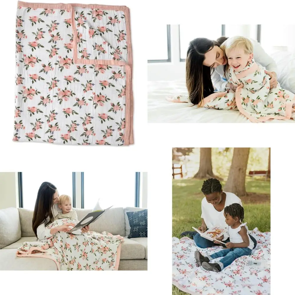 

Super Soft Muslin Quilted Throw - Multi-Layered XL Blanket for Kids and Families (Watercolor Roses Design)