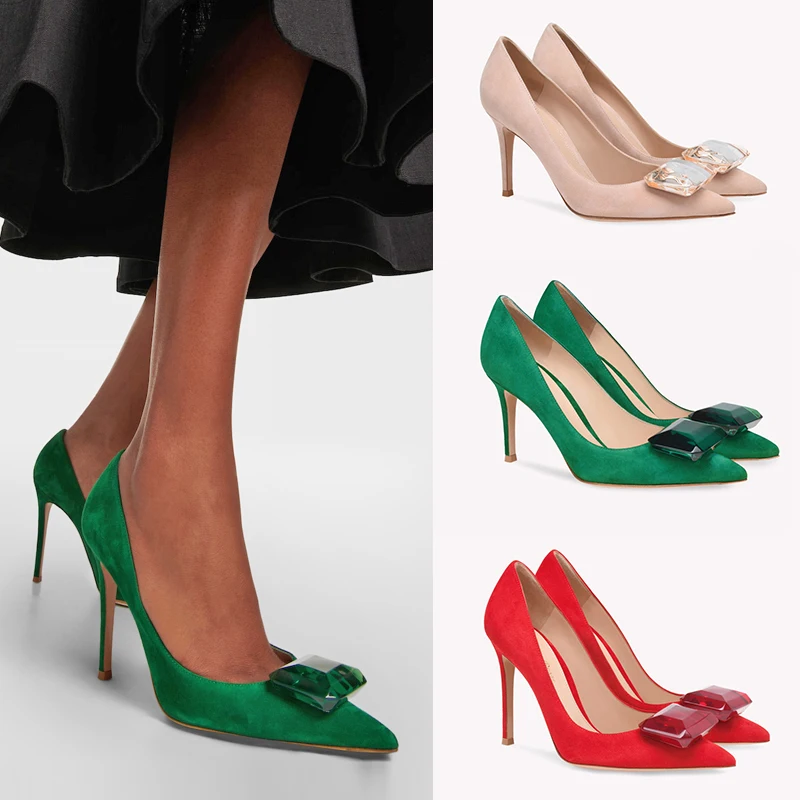 Donna-in High Heel Pumps 8.5cm 10.5cm Luxury Suede Leather Green Pointy Toe Elegant Dress Party Crystal Decorative Stilettos Red