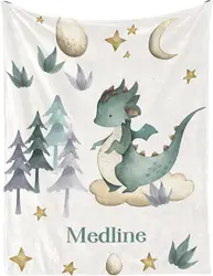 Watercolor Dragon Animal Personalized Kid Baby Blanket Customized 30 x 40 Inch Throw with Name Text for Girl Boy Baby