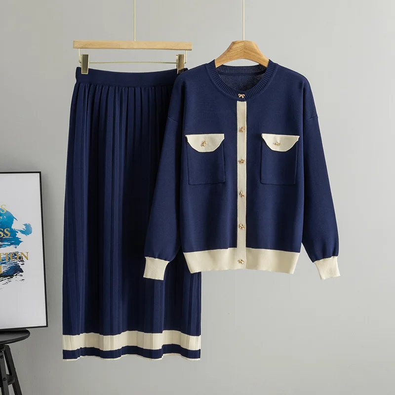 Greenora Women Classic Sweater Wide Leg Pants Cardigan Spring Autumn New Korean Cardigan Pleated Skirt Two Piece Set Loose Casua