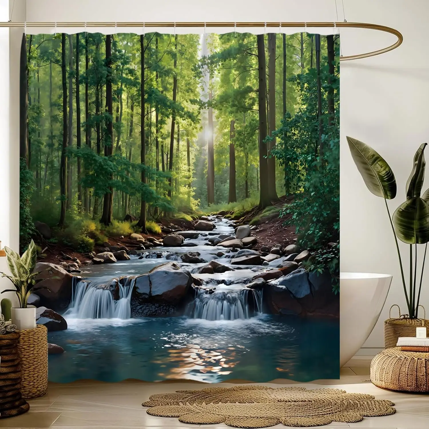 Forest Waterfall Shower Curtain Green Tree Jungle Waterfall Nature Scenery Landscape Bathroom Decor Fabric Curtain with Hooks
