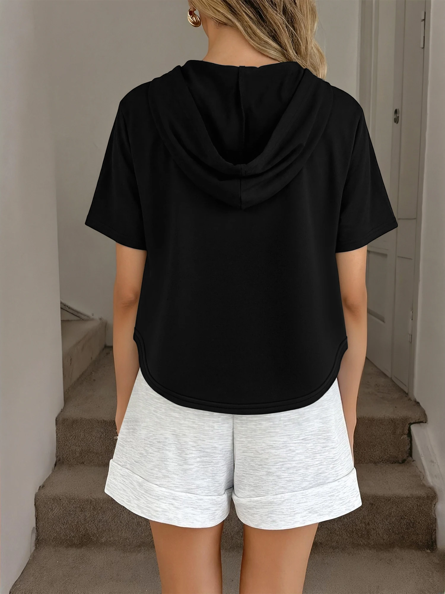 Casual Oversized Women Short Sleeve Hoodie Half Ring Zipper Front Curved Hem Cropped Pullover Summer Solid Black Tees Shirts