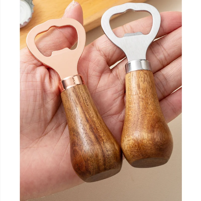 Roestvrij staal 2 stuks flesopener barman handheld bierpot opener houten blikje voor feesten bar tool