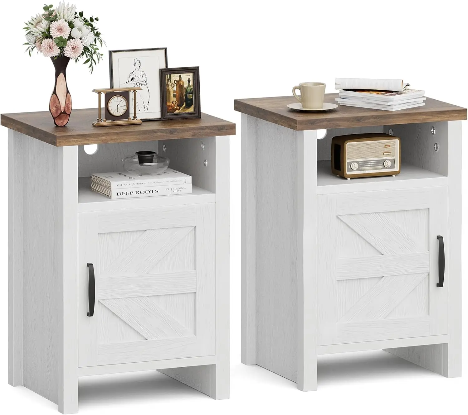 Farmhouse End Tables Set of 2 with Barn Door and Shelf, White | Rustic Nightstand for Bedroom,Living Room, Customized