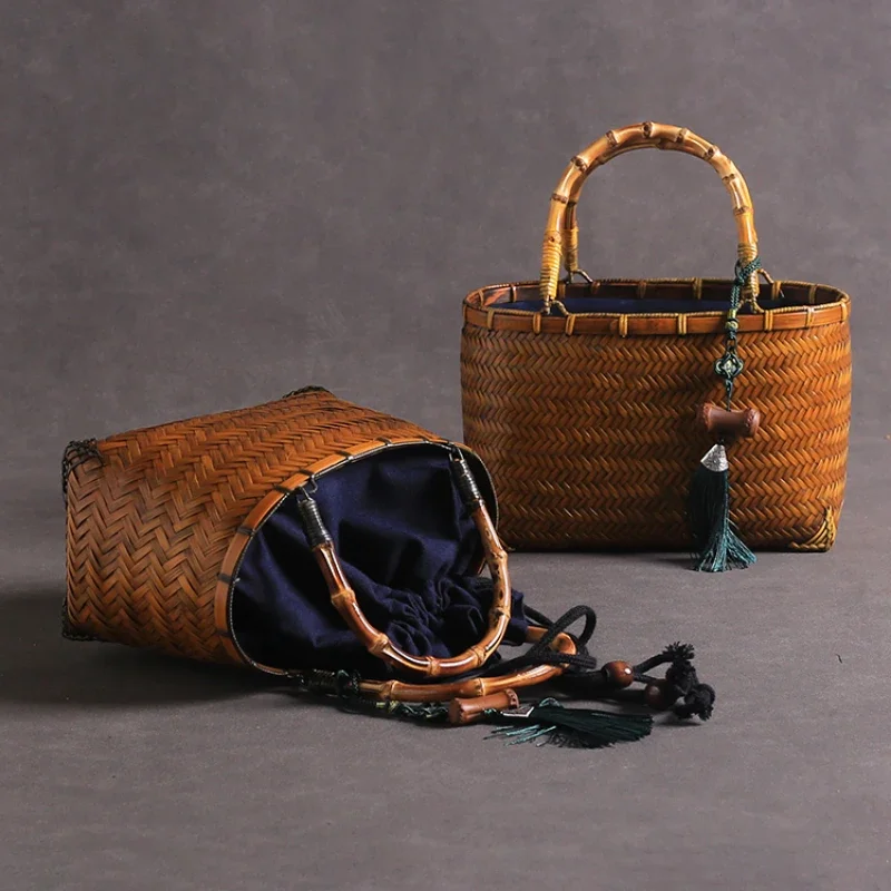 Retro Premium Woven Bag Tableware Storage Bundle Mouth Lining Style Handheld Basket Bamboo Women Bento Handle Organizer Pouch