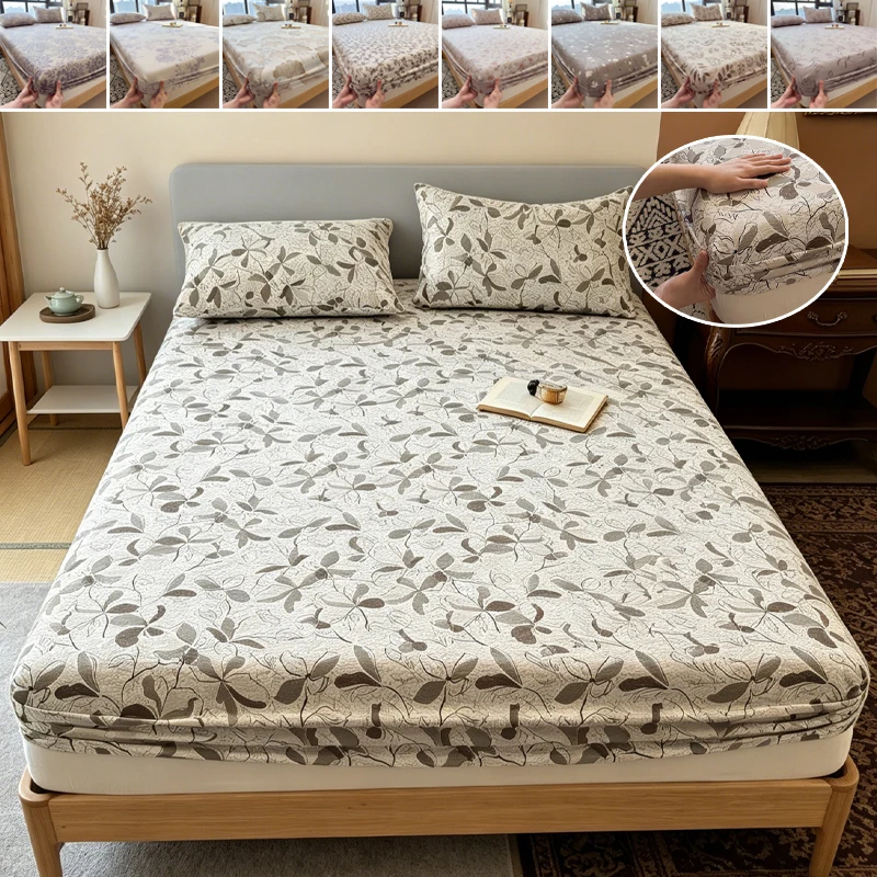 

Vintage Floral Printed Fitted Sheet Soft Washed Cotton Mattress Cover 360 Elastic Wrap Around for Twin Double Queen King Bed