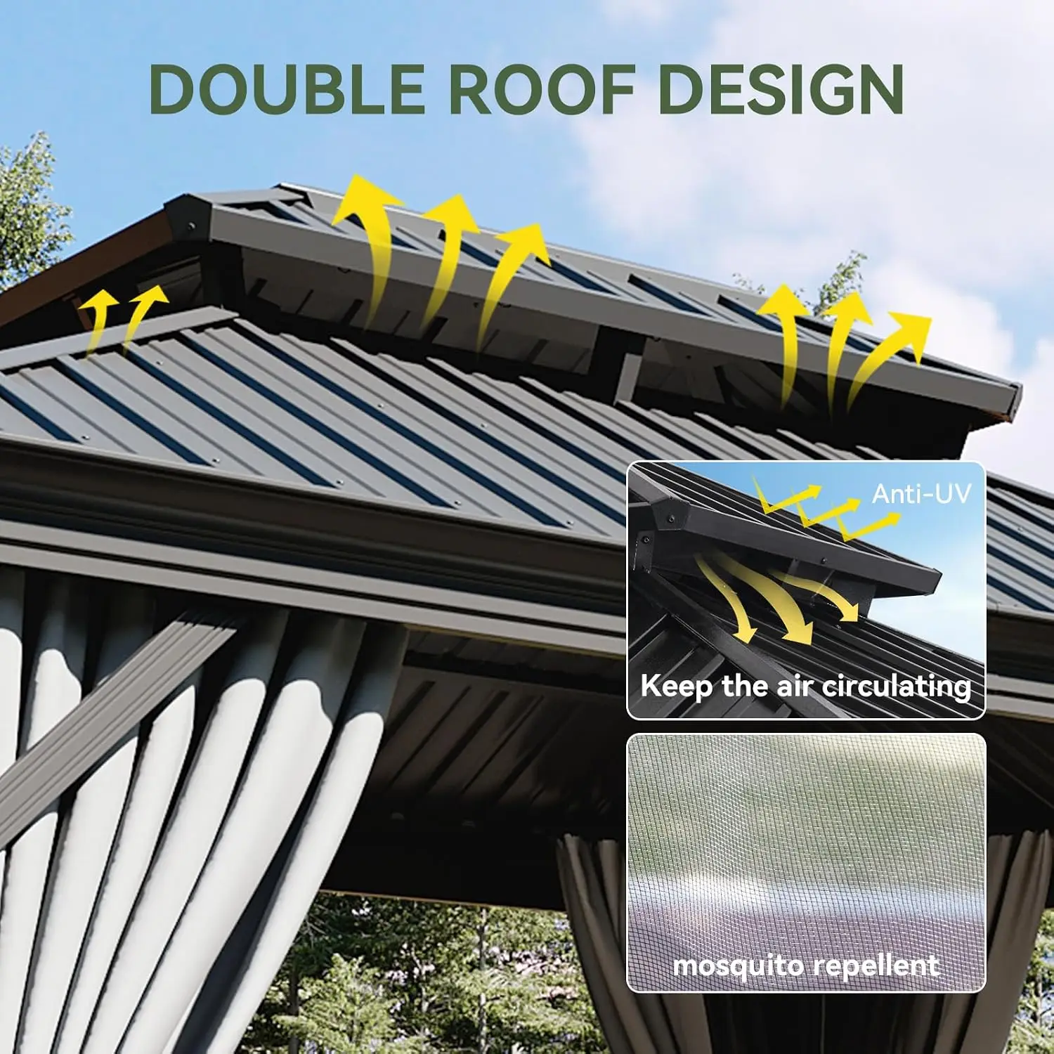 12x12ft Permanent Aluminum Hardtop Gazebo, Galvanized Steel Double Roof for Outdoor Pavilion, Custom view 3