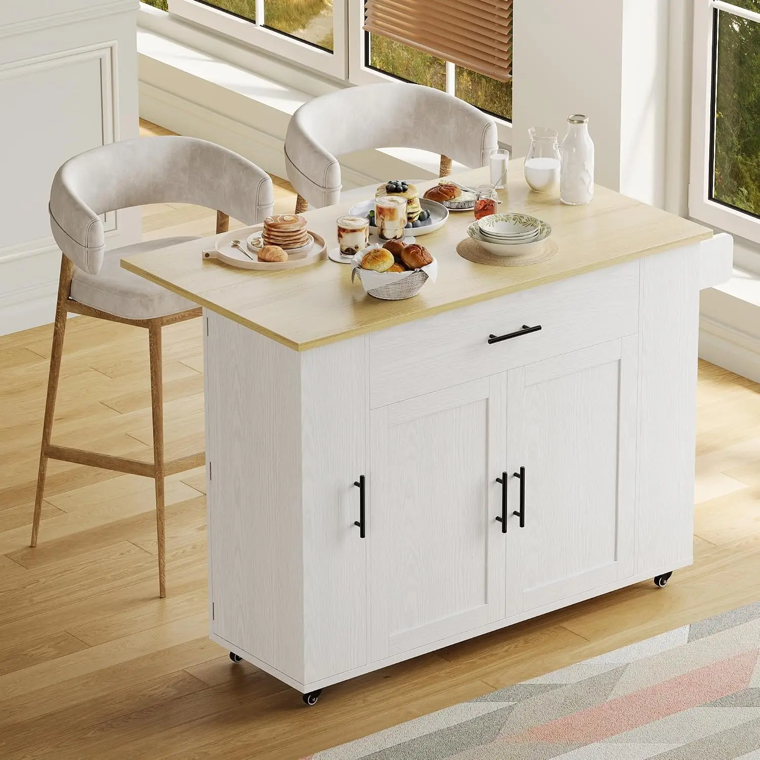 52 In White Rolling Kitchen Island with Drop Leaf Storage Cabinet Drawer Adjustable Shelf Spice Towel Rack 5 Caster Wheels Mobile Coffee Bar Prep Cart