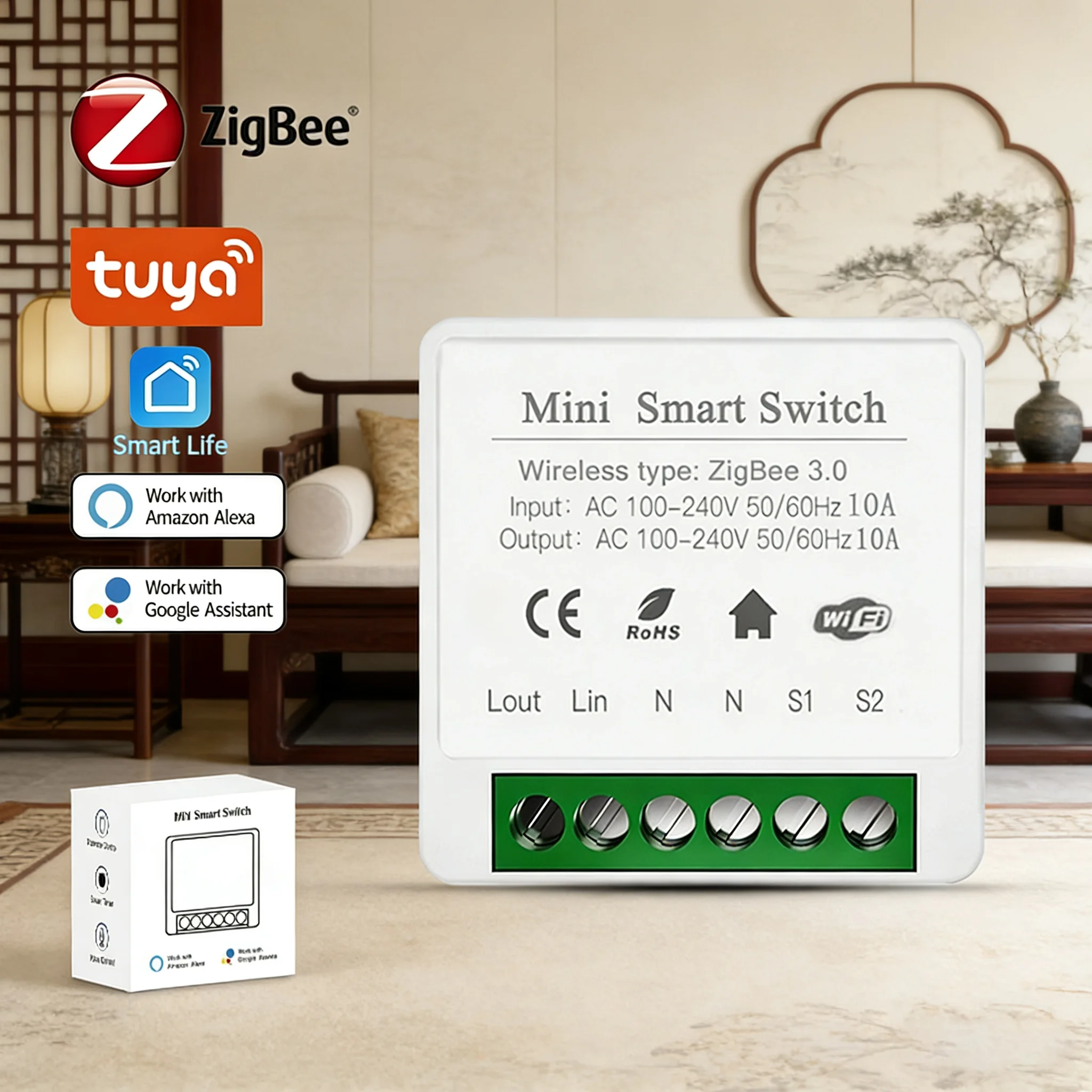 Tuya Zigbee 3.0 Smart Switch Module 16A Mini DIY 2-Way Control Relay Breaker APP Remote Voice Control Works with Alexa Google