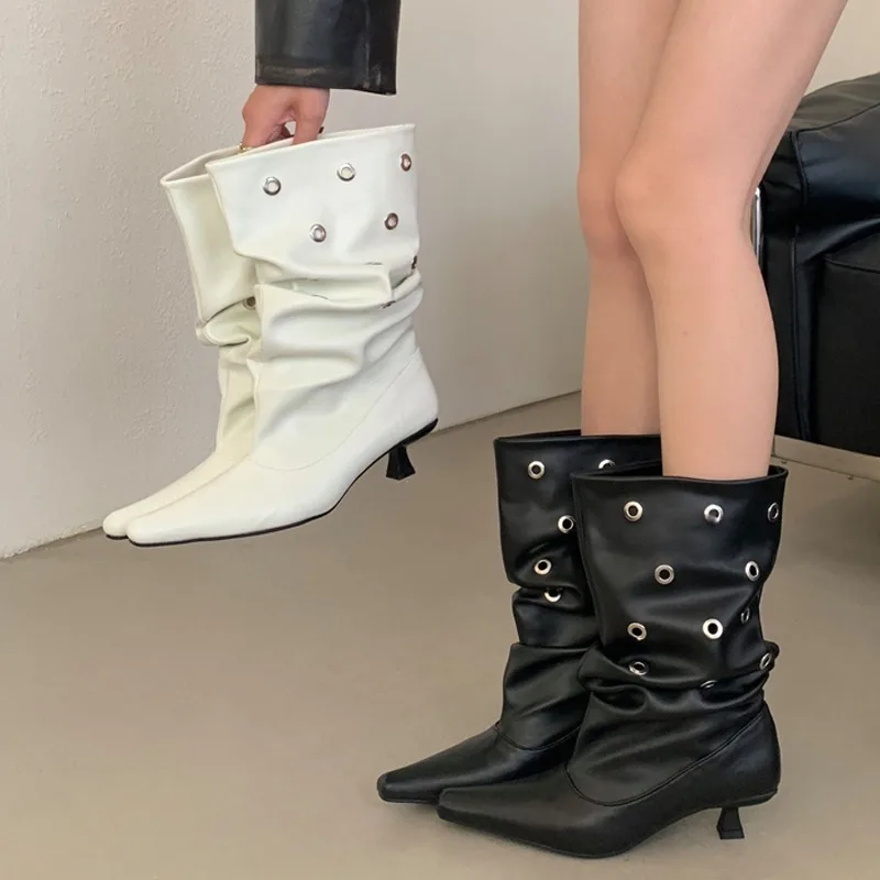 Eilyken Designer Pleated Hollow Out Button Women Ankle Boots Fashion Pointed Toe Thin Low Heels Party Dress Shoes