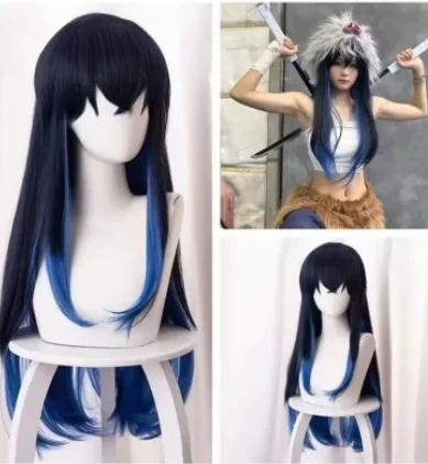 أنيمي تأثيري Hashibira Inosuke زي شعر مستعار أنثى شعر مستعار طويل أسود أزرق مستقيم الشعر للنساء هالوين #1