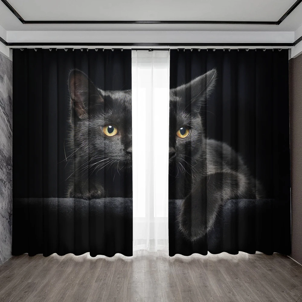2PC Home Decoration Curtains, Cute Cat Background With Pole Pocket Curtains, Kitchen, Coffee Shop, Living Room, Balcony, Garden