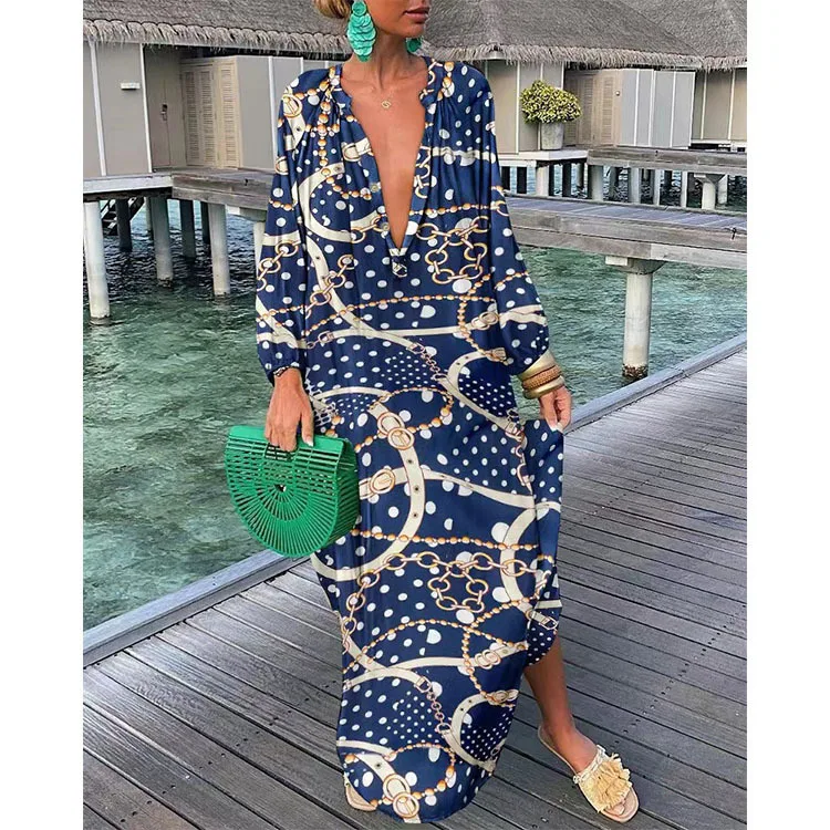 2022 Autumn and Winter New Women's V Neck Print Shirt Skirt Dress Casual Loose Floral Fashion Sexy Long Sleeve Beach Maxi 