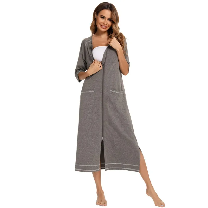 Women\'s Home Coat Half-sleeved Home Clothes With Pockets Long Pajamas Casual Loose Robe