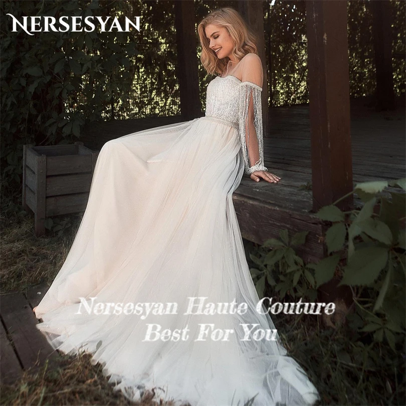 Nersesyan-فساتين الزفاف مع الأكمام Tassles ، تول ، قبالة الكتف ، فساتين الزفاف الرسمية ، خط ، ثنيات ، والأزياء