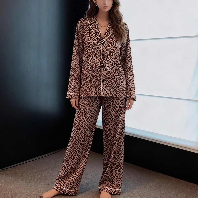 Autumn and Winter Fashionable Leopard Print Pajamas for Women's Long Sleeved Sleepwear European and American Home Wear Girl
