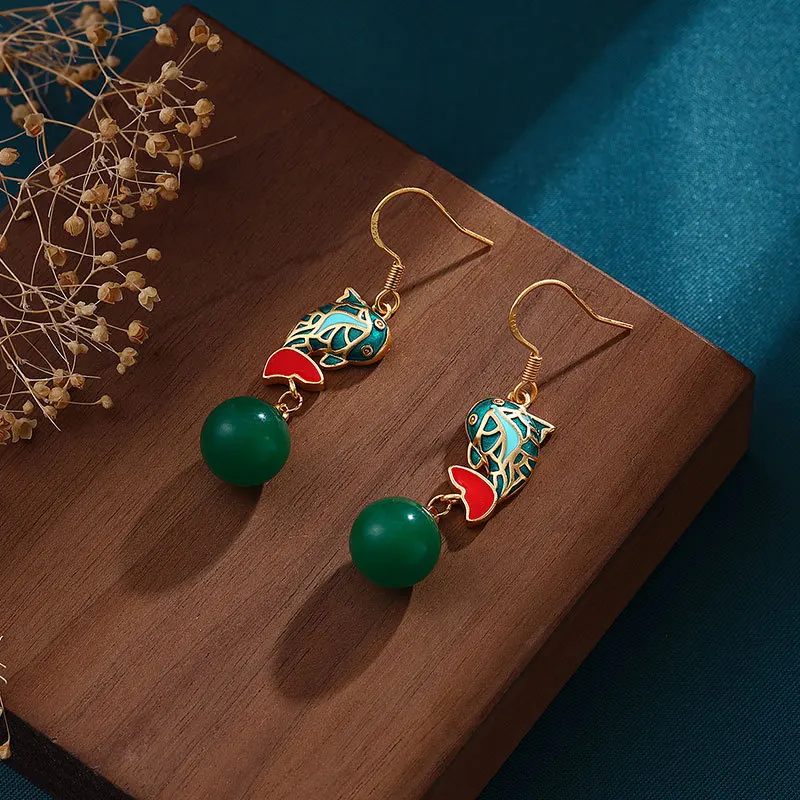 

New in fish-shaped enamel inlaid with natural green chalcedony beads earings for women palace style light luxury jewelry