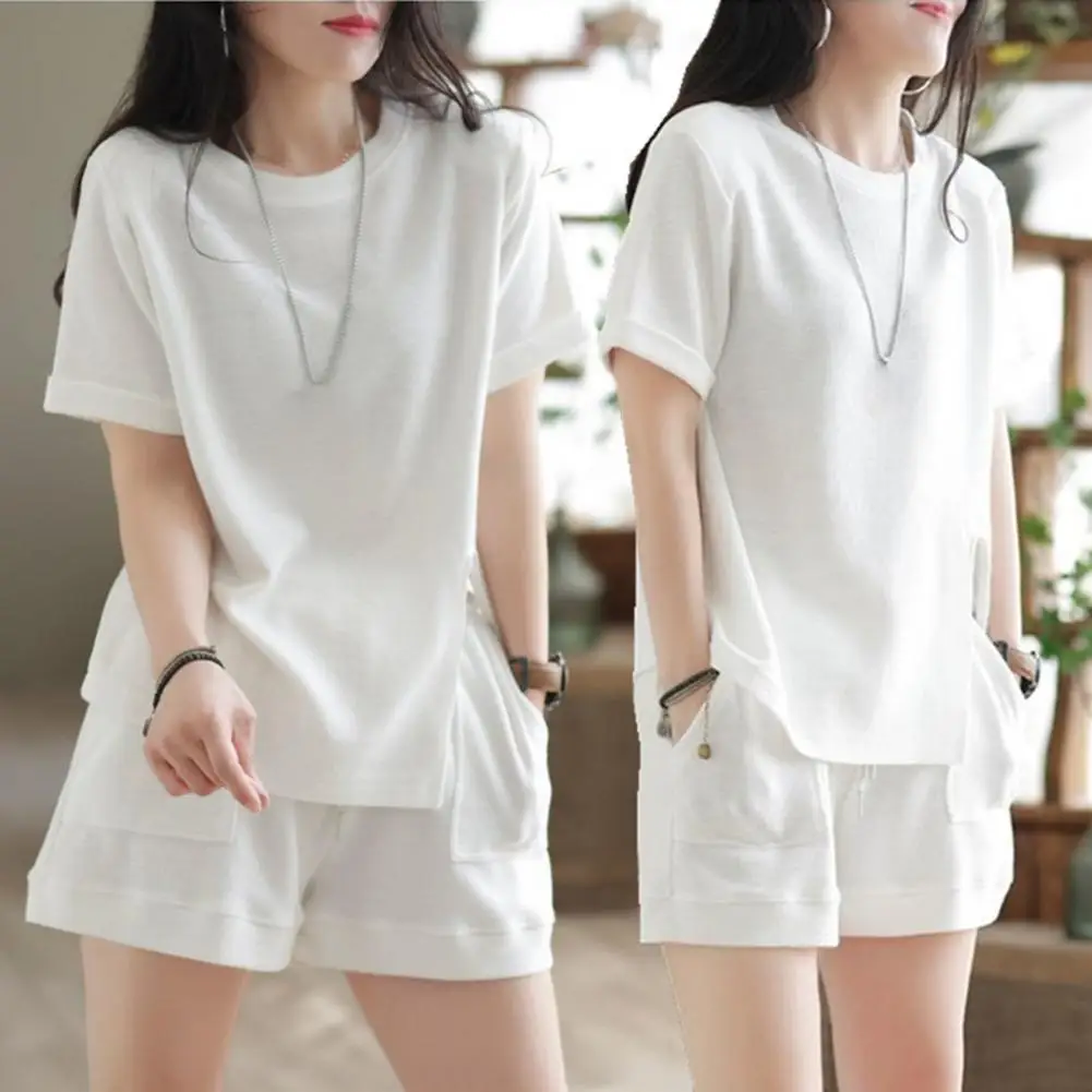 Fashion Loose Shirt Extra Soft Casual Shorts Set Solid Color Women Summer Sports Shirt Shorts Set  All Match