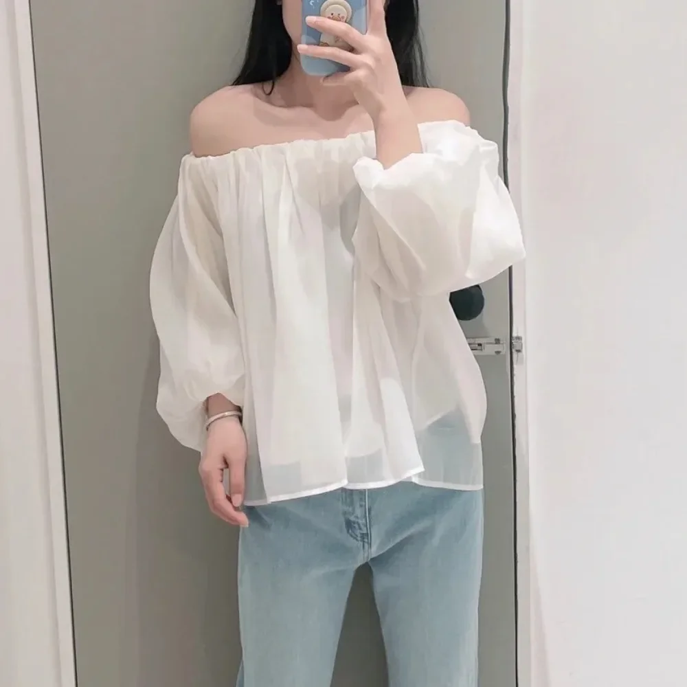 

Sexy Femininos Clothing Slash Neck Off Shoulder Puff Sleeve Chiffon Blouse Loose Casual Summer Shirts Japan Style Sweet Blusas
