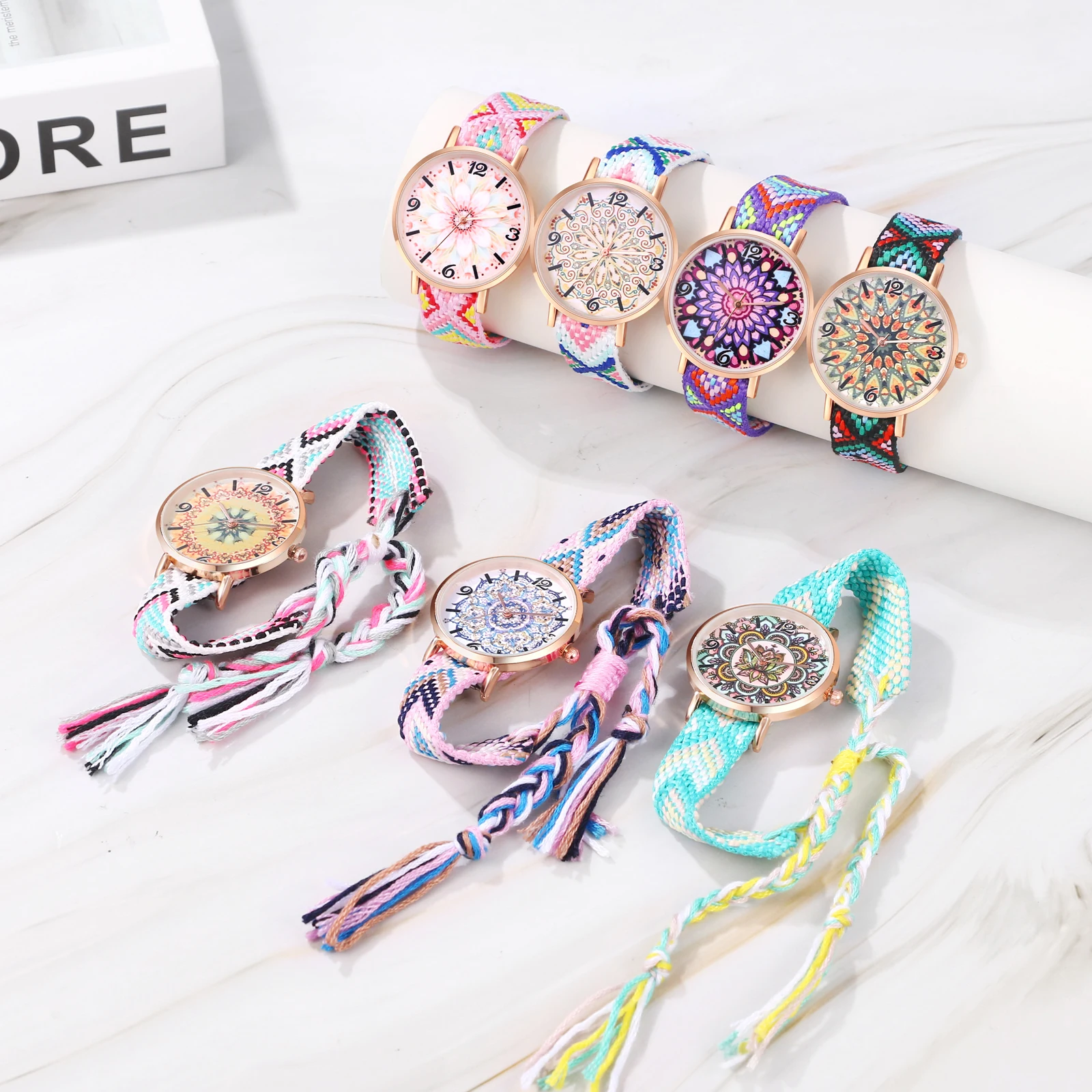 Lancarro Bohemian Ladies bracciale Watch Woven Rainbow Strap Floral Print Dial Analog Quartz Watch Girl Gift