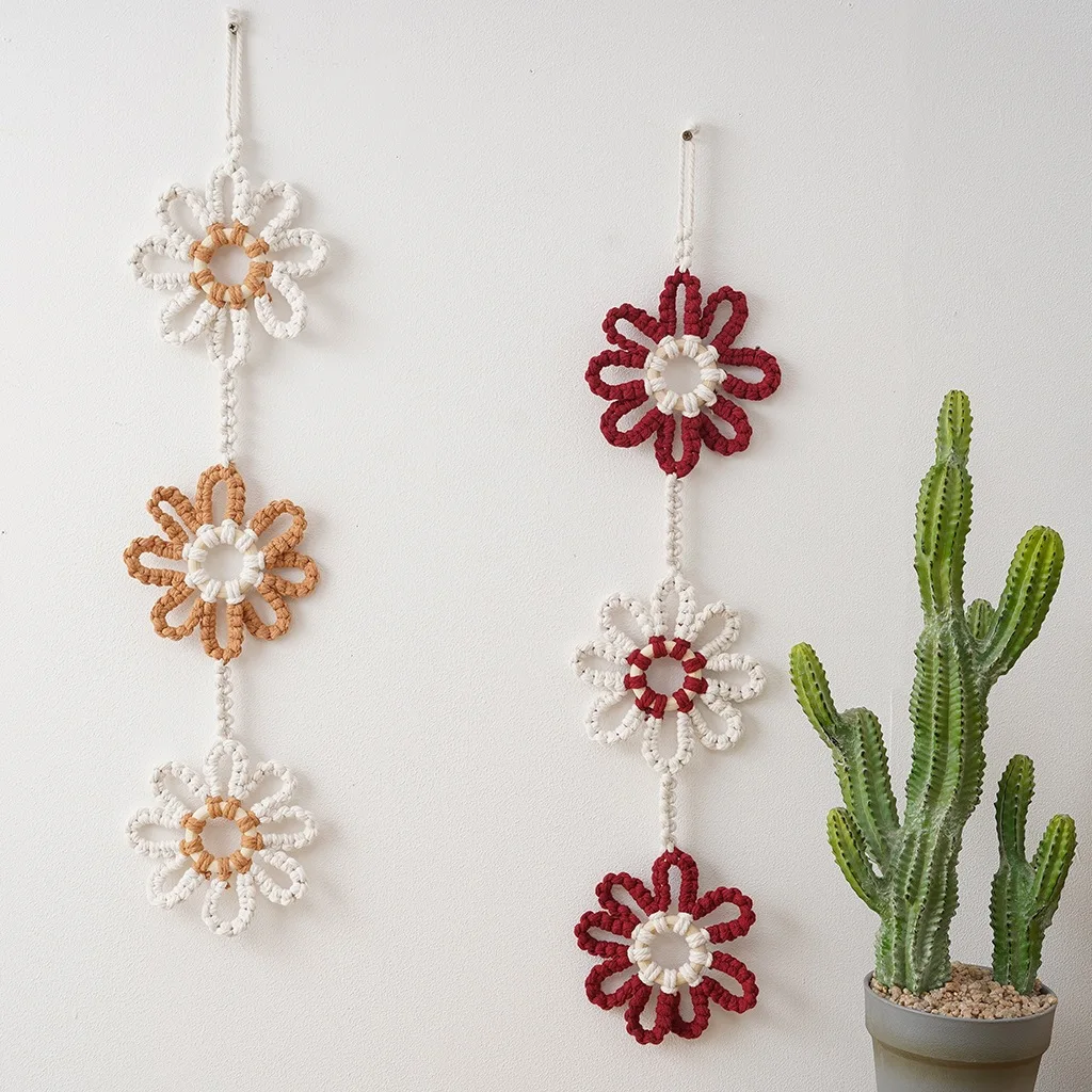 Hand-Woven Tapestry with Color-Blocked Cotton Rope and Sunflower Tassels for Wall Hanging