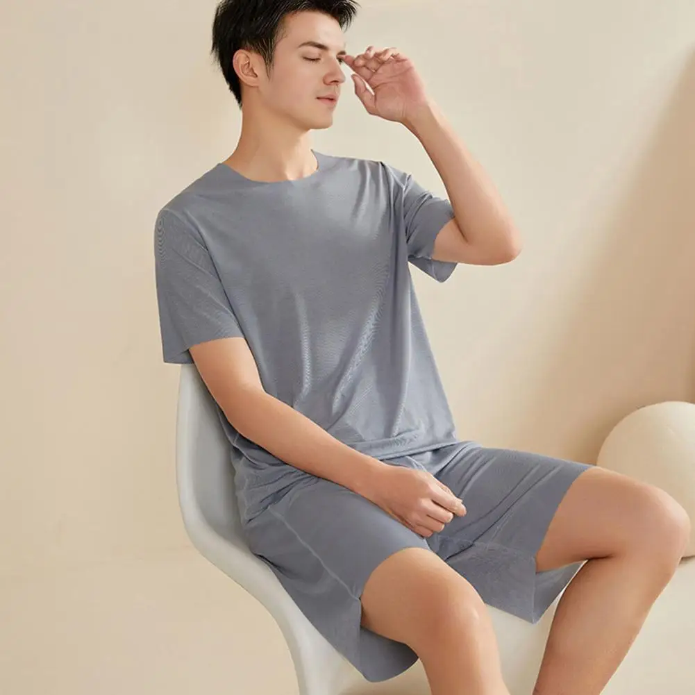 2026 2Pcs/Set Men Pajamas Set O-Neck Short Sleeve T-shirt Elastic Waist Shorts Set Solid Color Home Clothing Suit