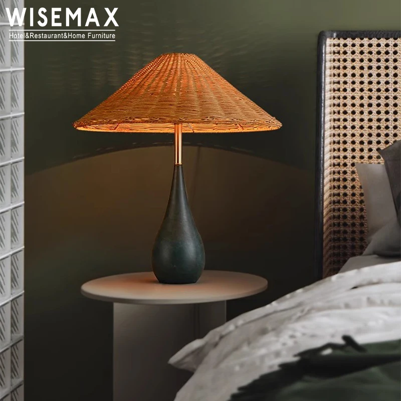 

WISEMAX FURNITURE Nordic Minimalist Home Furniture Table Lamp LED Bedroom Lamp Rattan Top Modern Table Lamp for Home Decor