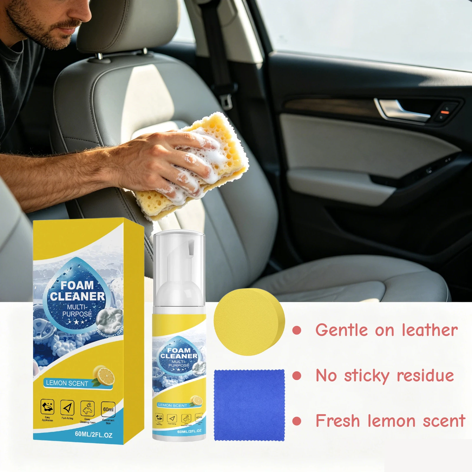 60ml Multipurpose Car Foam Cleaner Stain Remover Neutral Formula for Furniture Home Kitchens Bathrooms Car Interior Shower Foam