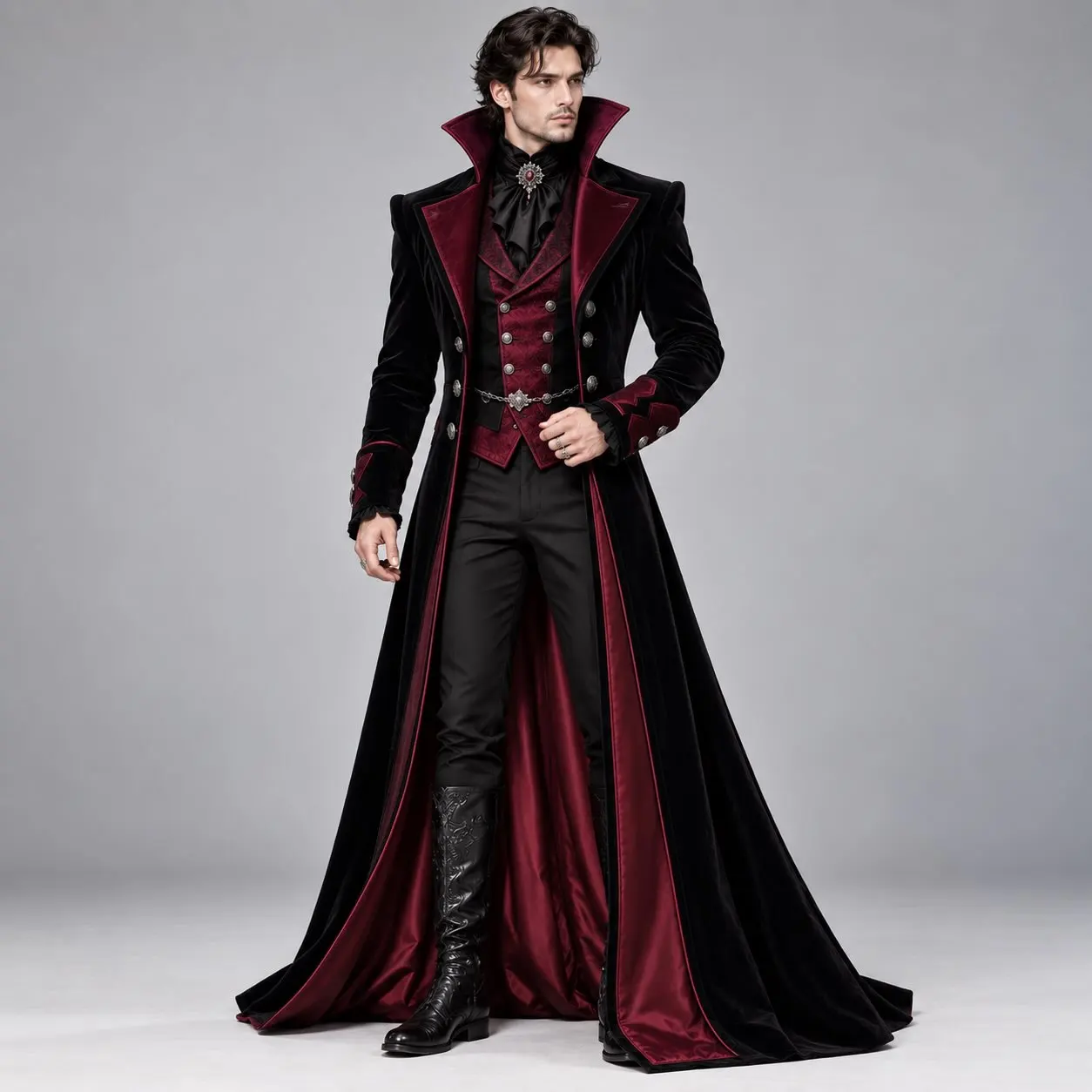 Elegant Men Gothic Long Coat Velvet Contrast Inner Lining Victorian Steampunk Jacket Cosplay Banquet Party Outerwear Custom